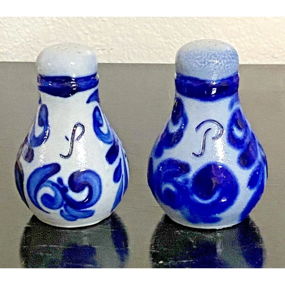 Salt Glaze Salt & Pepper Shakers Cobalt Blue & Grey Handpainted Stoneware NEW